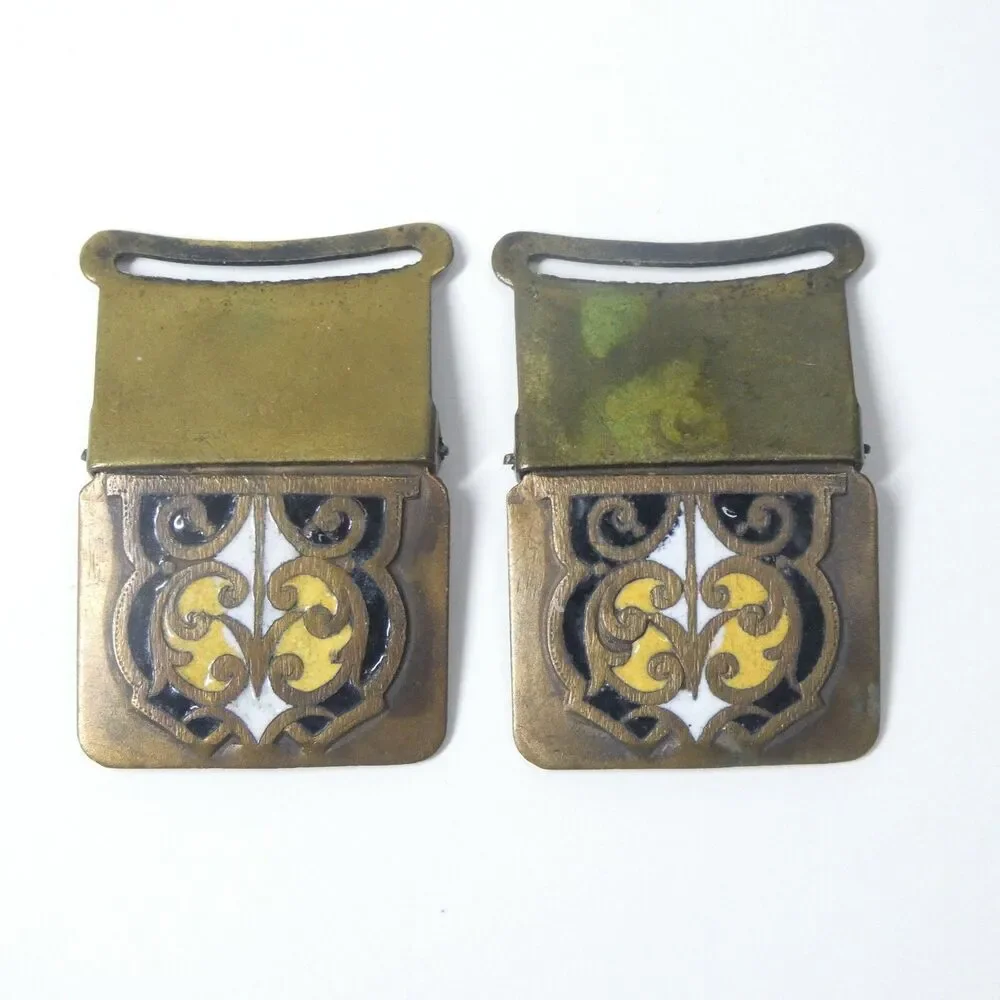 Enameled Brass Buckles Pair Black White Yellow Art Deco Vintage